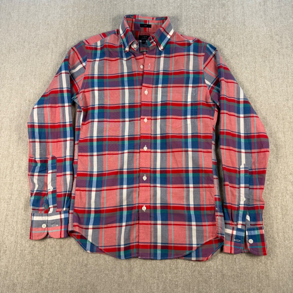 J.Crew Button Down Shirt Women XS Red Blue Plaid Slim Fit Summer Cotton
